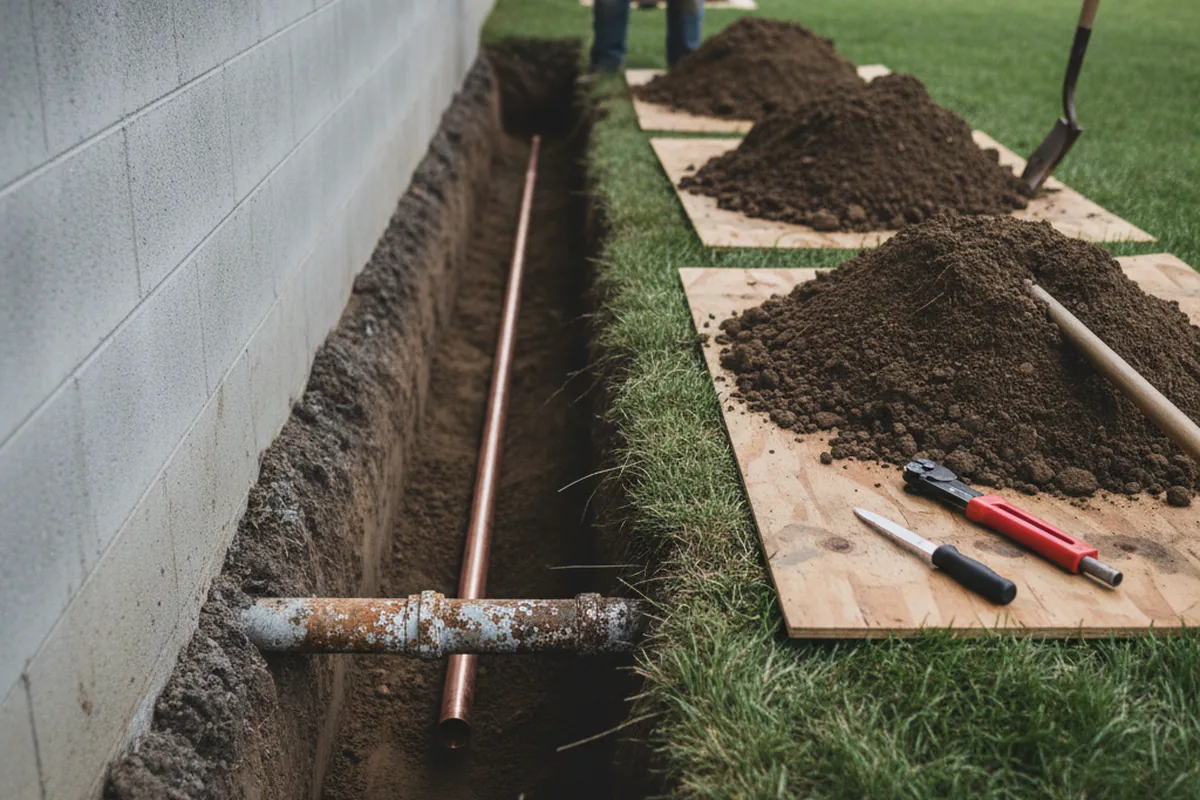 Excavated water line trench during Water Softener Installation in Wapato